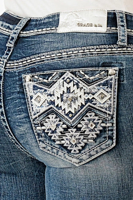 Grace In LA - Aztec Embroidery Mid-Rise Boot Cut 32"