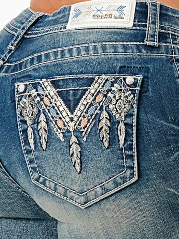 Grace In LA - Aztec Embroidery Motif Junior Boot Cut
