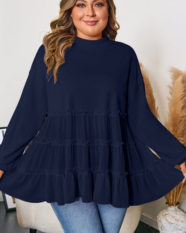 Pink Tiered Ruffle Ribbed Crew Neck Pullover Plus Size Top