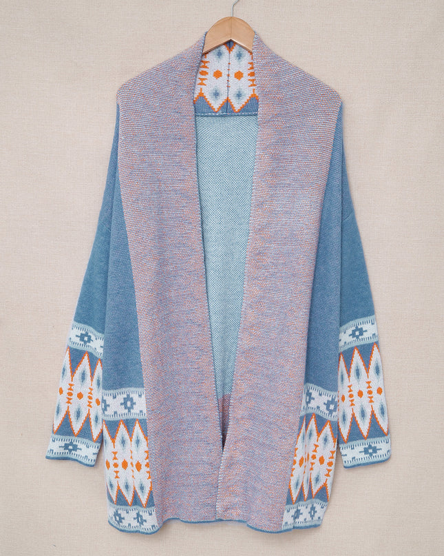 Blue Aztec Print Open Front Knitted Cardigan