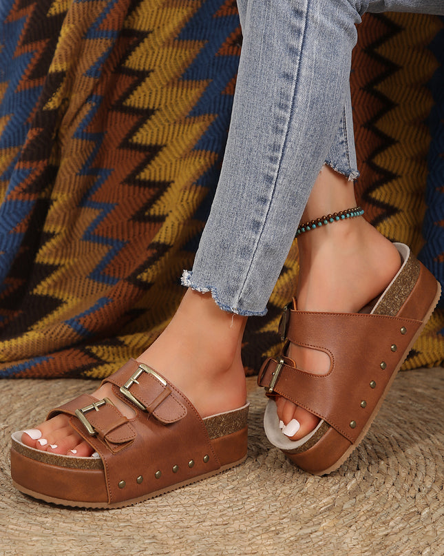 Chestnut Dual Buckle Studded Platform Sandal Slippers