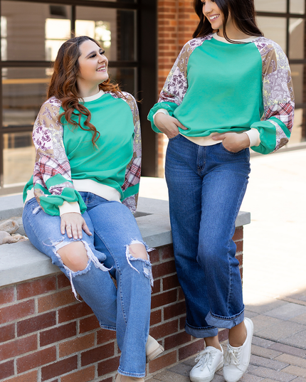 Sky Blue Plus Size Plaid Floral Patchwork Raglan Sleeve Sweatshirt