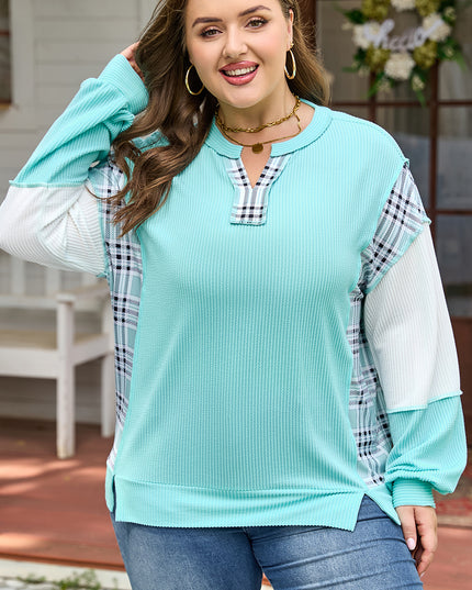 Aruba Blue Twist Ribbed Color Block Plaid Patchwork Plus Size Long Sleeve Top