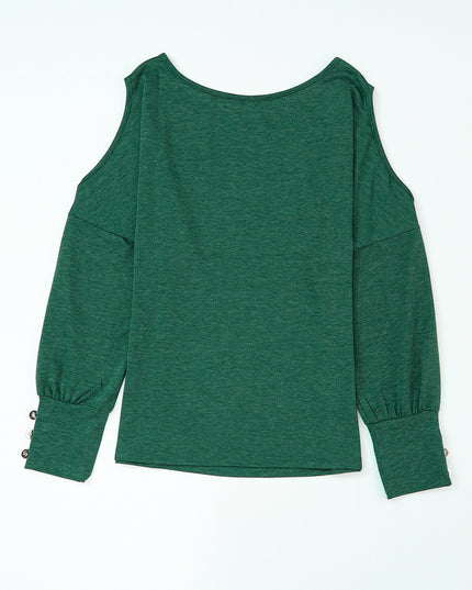 Green Asymmetrical Cut Out Buttoned Long Sleeve Top