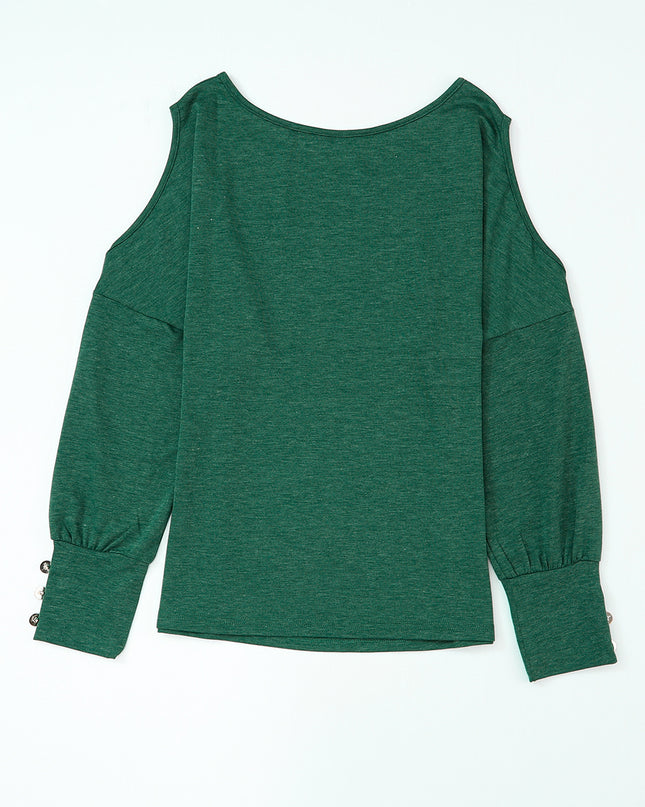 Green Asymmetrical Cut Out Buttoned Long Sleeve Top