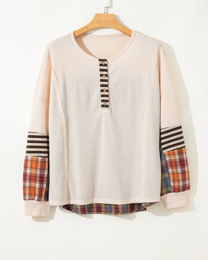 Parchment Plus Size Waffle Colorblock Striped Plaid Patchwork Half Button Pullover