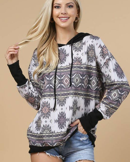 KC020-TANIA AZTEC PRINT COLOR BLOCK HOODIE