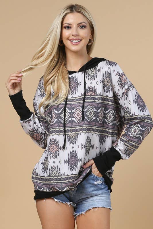 KC020-TANIA AZTEC PRINT COLOR BLOCK HOODIE