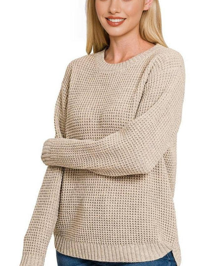 Hi Low Long Sleeve Round Neck Waffle Sweater Zenana