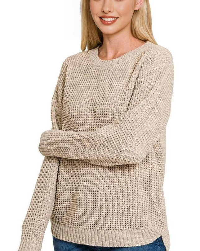 Hi Low Long Sleeve Round Neck Waffle Sweater Zenana