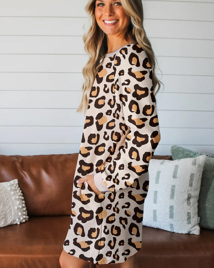 Khaki Leopard Long Sleeve Shift T Shirt Dress with Pockets