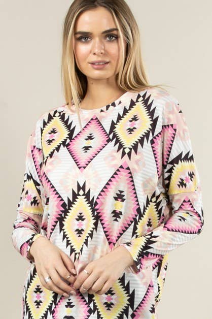 KC010-TORI AZTEC PRINT DOLMAN SLEEVE TUNIC