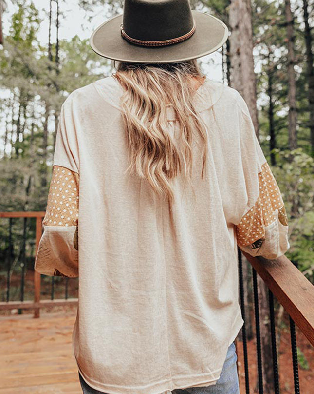 Jet Stream Palm Leaves Polka Dot Puff Sleeve Patchwork V Neck Loose Blouse