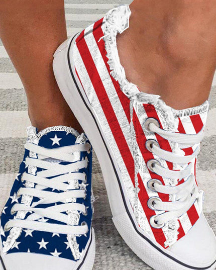 Blue American Flag Lace-up Canvas Flat Shoes