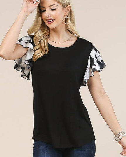 AV517-DANA COW PRINT RUFFLE SLEEVE TOP