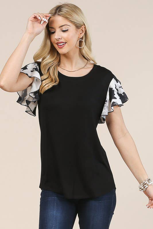 AV517-DANA COW PRINT RUFFLE SLEEVE TOP