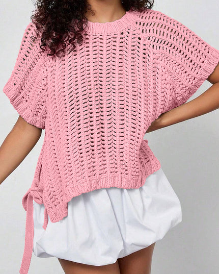 Pink Plus Size Open Knit Bow Tie Short Sleeve Sweater