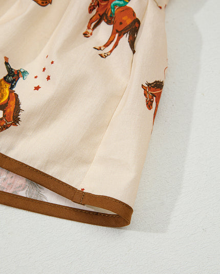 Apricot Western Rodeo Print Tied Front Puff Sleeve Peplum Top