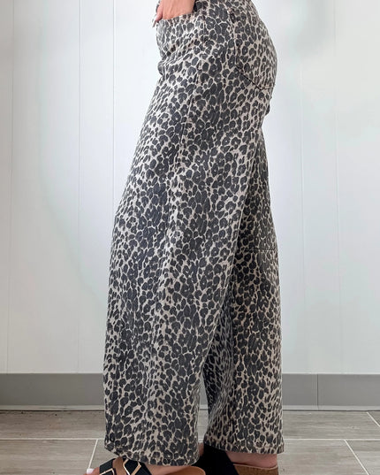 Black Leopard Print High Waist Barrel Jeans