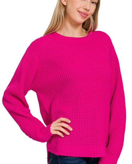 Hi Low Long Sleeve Round Neck Waffle Sweater Zenana