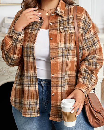 Brown Plaid Print Flap Pocket Buttoned Plus Size Shacket