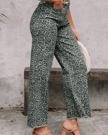 Rose Leopard Frayed Edge Wide Leg High Waist Jeans