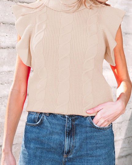 Jet Stream Cable Knit Turtleneck Ruffled Short Sleeve Sweater