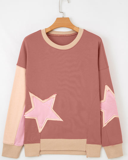 Rose Pink Contrast Star Patchwork Exposed Seam Uneven Hem Drop Shoulder Sweatshirt