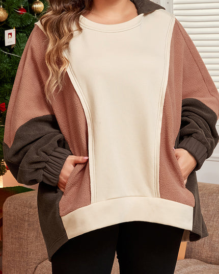 Brown Exposed Seam Colorblock Plus Size Hoodie