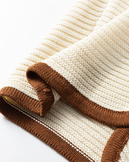 White Horizontal Ribbed Knit Contrast Trim Ties Front Sweater Vest