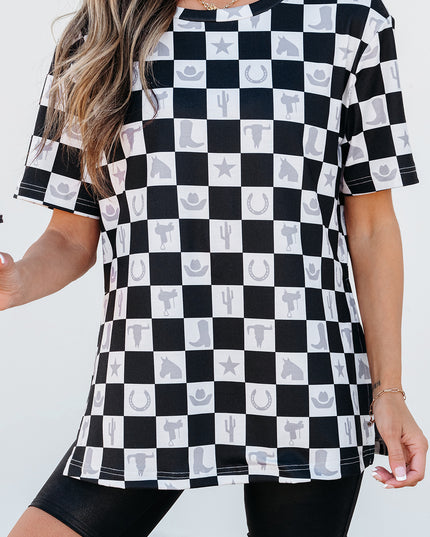 Black Western Fashion Checkerboard Print Side Split T Shirt