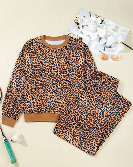 Khaki Leopard Pullover and Pants 2pcs Outfit with Bow Embroidery