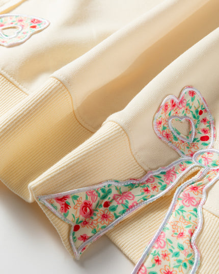 Beige Plus Size Raw Seam Detail Floral Bow Patched Baggy Pullover