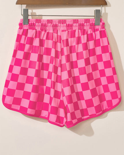 Black Checkered Drawstring Elastic Waist Casual Shorts