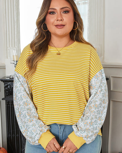 Yellow Stripe Striped Contrast Floral Sleeve Patchwork Plus Size Loose Top