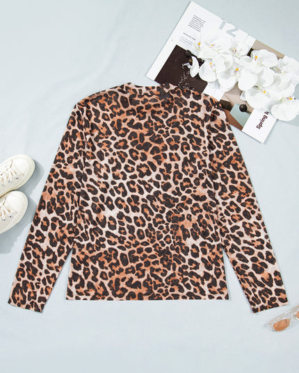 Brown Plus Size Mock Neck Leopard Mesh Top