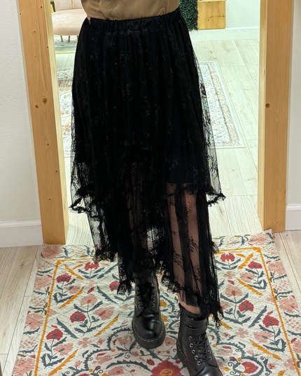 Black Lace Cascading Tiered High Waist Maxi Skirt