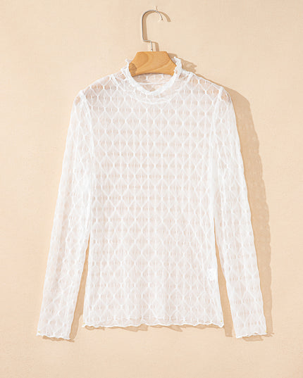 Beige Sheer Mesh Patterned Lettuce Trim Slim Long Sleeve Top