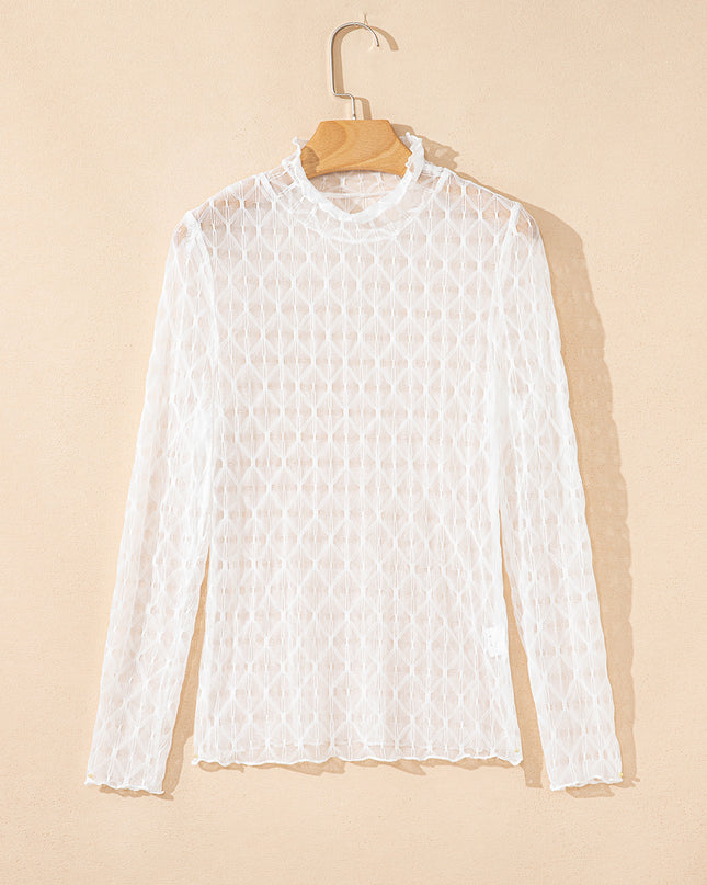 Beige Sheer Mesh Patterned Lettuce Trim Slim Long Sleeve Top