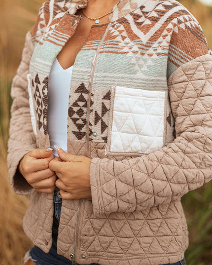 Light French Beige Aztec Quilted Patchwork Western Fashion Jacket