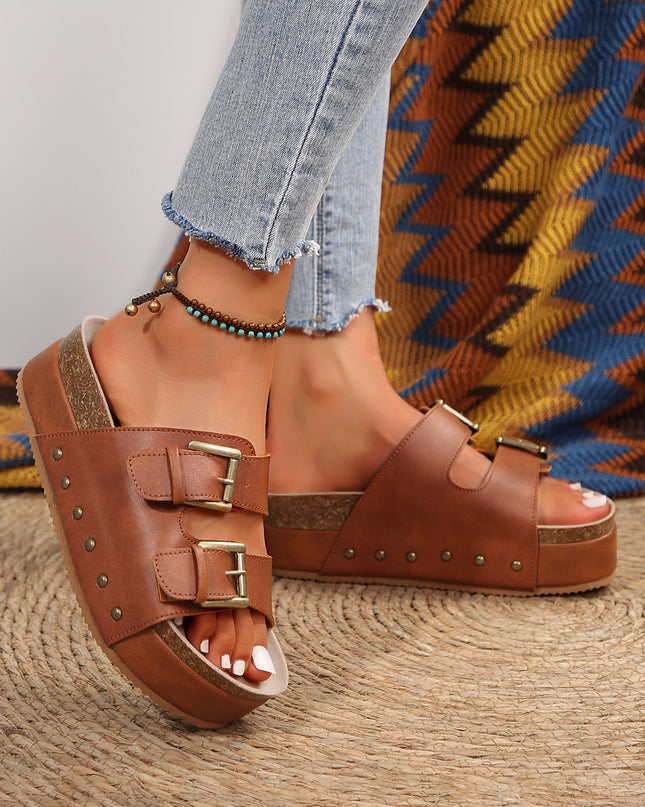 Chestnut Dual Buckle Studded Platform Sandal Slippers