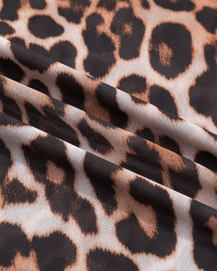 Brown Plus Size Mock Neck Leopard Mesh Top