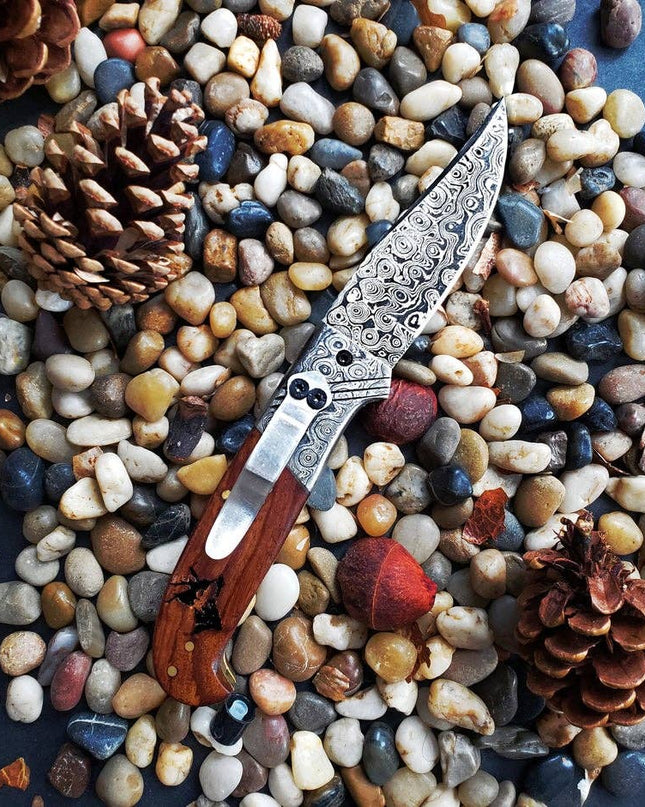 Titan classico- Raindrop Damascus folding blade/ EDC/ Buck engraved TF-001X
