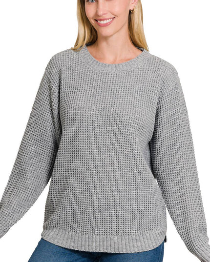 Hi Low Long Sleeve Round Neck Waffle Sweater Zenana
