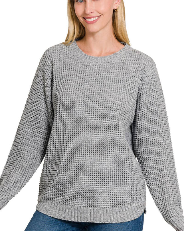 Hi Low Long Sleeve Round Neck Waffle Sweater Zenana