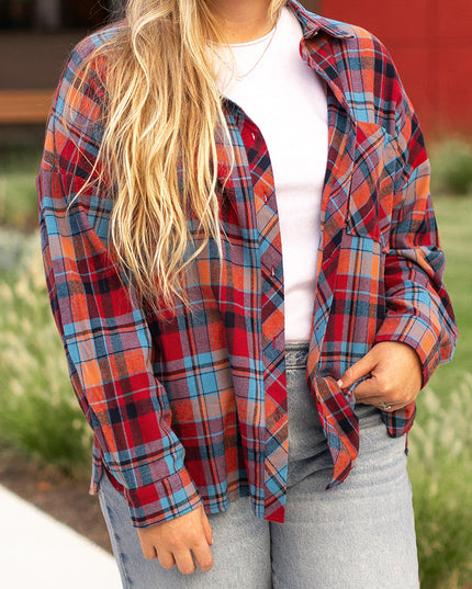 Red Plus Size Plaid Print Buttoned Shirt