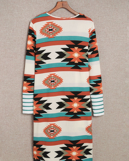 Multicolor Geometric Color Block Open Front Long Cardigan