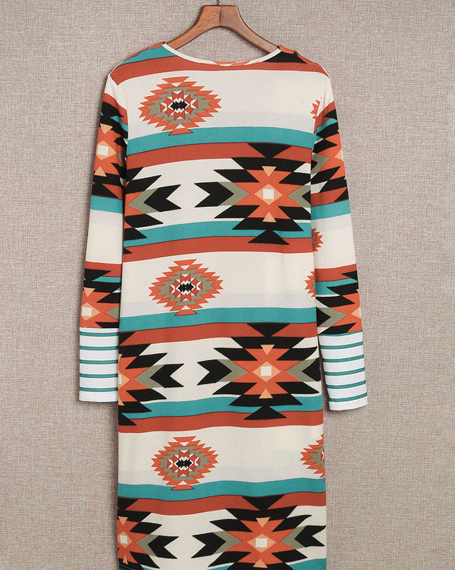 Multicolor Geometric Color Block Open Front Long Cardigan