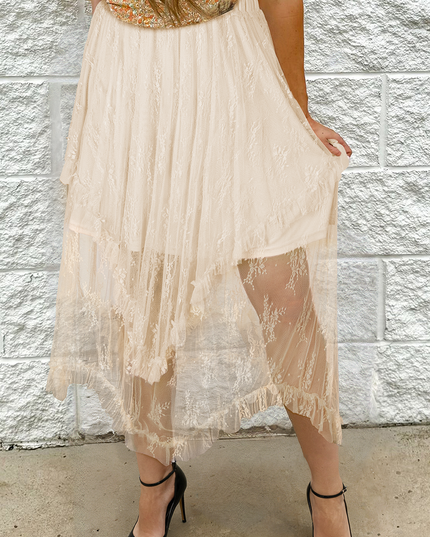 Black Lace Cascading Tiered High Waist Maxi Skirt