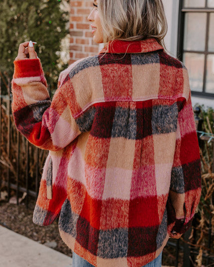 Orange Plaid Print Flap Pockets Buttoned Casual Plus Size Jacket